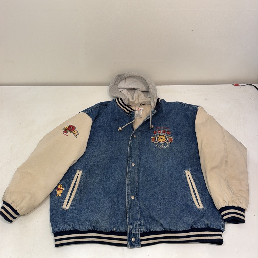Vintage Disney Winnie Pooh blue Denim Varsity Jacket size XXL 1966 with hood